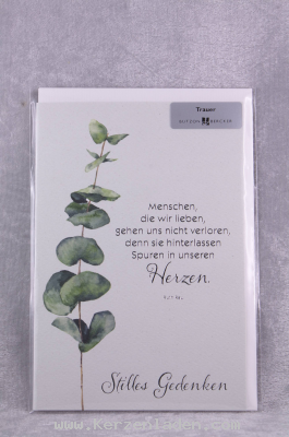 Trauerkarte mit Text; hochwertiges Naturpapier mit edler Folienprägung; mit farbigem Kuvert
Text auf dem Produkt: Menschen, die wir lieben, gehen uns nicht verloren, denn sie hinterlassen Spuren in unseren Herzen. (Ruth Rau)