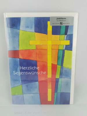 Glückwunschkarte zum Jubiläum, Herzliche Segenswünsche, Text auf der Rückseite: Dies ist der Tag, den der HERR macht; wir wollen jubeln und uns über ihn freuen. (Psalm 118,24 / Einheitsübersetzung)
