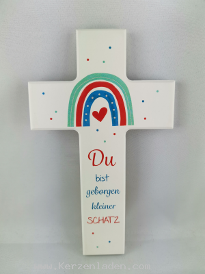 Wandkreuz aus Holz
mit Herz unterm Regenbogen 
Spruch auf dem Kreuz: 