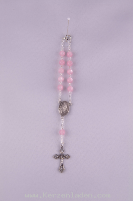 Rosenkranz 10er mit Verschluss rosa Perlen auf der Plakette ist ein Engel mit zwei Kindern abgebildet
