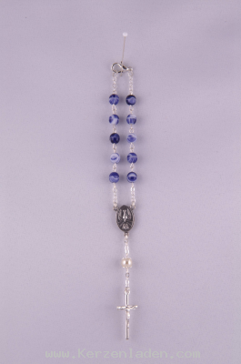 Rosenkranz 10er mit Verschluss blau marmorieten Perlen auf der Plakette ist eine Taube abgebildet