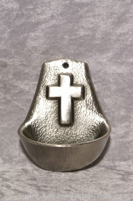 Weihwasserkessel aus Metall mit Kreuz silberfarben