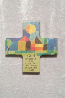 Haussegen aus Buchenholz/ bunt bedruckt/ Spruch: Gott schütze uns und unser Haus mit deiner Macht und Güte