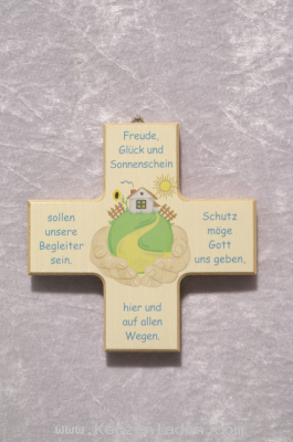 Haussegen aus Holz bunt bedruckt Text: Freude, Glück und Sonnenschein sollen unsere Begleiter sein. Schutz möge Gott uns geben, hier und auf allen Wegen.
