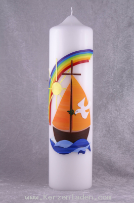 Taufkerze Schiff, Regenbogen, Sonne, Taube, Wasser Motiv aufwendig von Hand in Wachs gelegt