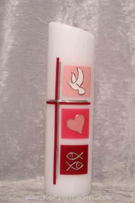 Taufkerze Motiv in Wachs gelegt Rosa, Pink und Beerenfarben mit Silberstreifen verziert