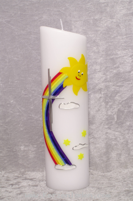 Taufkerze Sonne mit Regenbogen, Sterne und Wolken Motiv aus Wachs von Hand gelegt und mit Silberwachsfaden verziert