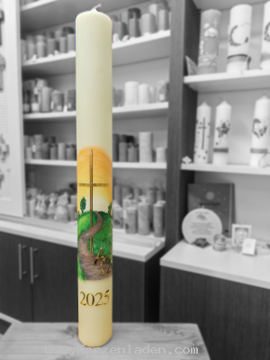 Osterkerze WEG 800-85mm mit Kreuz, Alpha und Omega und Jahreszahl
VON HAND VERZIERT
 Kerze gezogen mit 10% Bienenwachs, Nägel extra erhältlich gegen Aufpreis