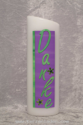 Zierkerze Danke, mit Wachs (lila-/grüntöne) verziert, Glitterblumen mit Strassstein, oval mittel
