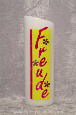 Zierkerze Freude, mit Wachs (gelb-/pinktöne) verziert, Glitterblumen mit Strassstein, oval mittel