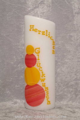 Glückwunschkerze Motiv in Wachs gelegt Herzlichen Glückwunsch (rot-/orangetöne)oval mittel