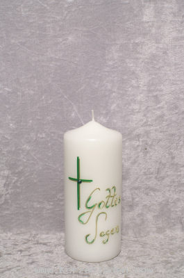 Zierkerze Gottes Segen mit Kreuz Motiv von Hand aus Wachs gelegt mit Goldfaden verziert und bemalt
