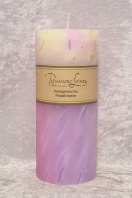 Mosaik Kerze der Firma Romantic Ligths Obermair lila-grün-rosa-weiß groß