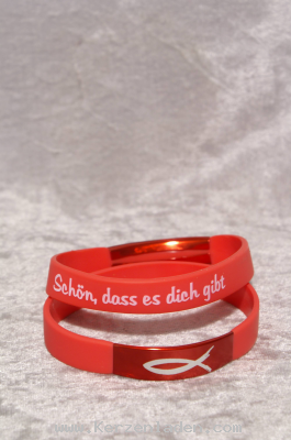 rot Armband aus Silikon, Stabiler und hautfreundlicher Begleiter mit einer Botschaft o. Wunsch für den Beschenkten. Mit einer farbigen Klammer aus Aluminium mit einem Fischsymbol per Lasergravur versehen. Schön, dass es dich gibt