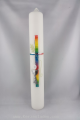 Kommunionkerze weiss Kreuz mit Kelch und Ähre regenbogenfarben Motiv von Hand in Wachs gelegt mit Goldwachsfaden verziert